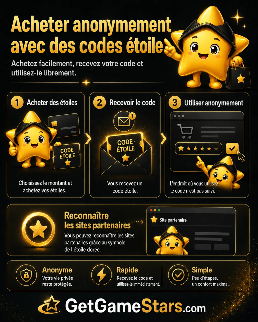 Guide visuel expliquant l’achat anonyme avec les codes étoiles dorées GetGameStars